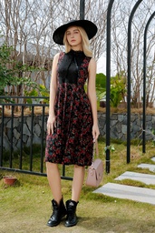 [XL313076] XL313076 Pleated Floral Dress Lady